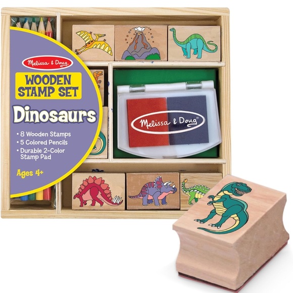 Melissa & Doug Wooden Stamp Set: Dinosaurs - 8 Stamps, 5 Colour Pencils, Ink Pad - Picture 2 of 10